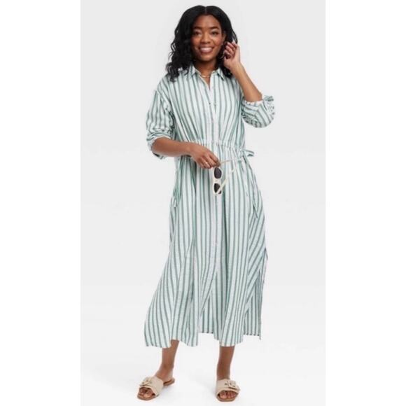 Universal Thread Green White Striped Cotton Midi Dress Size Large NWT - Picture 1 of 8